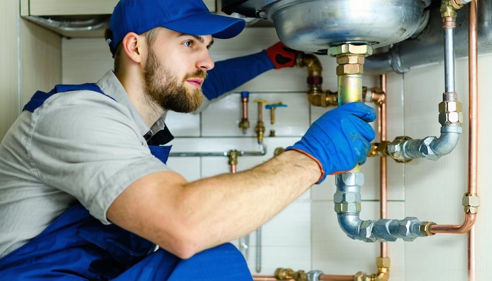 Professional plumber fixing pipes under a sink